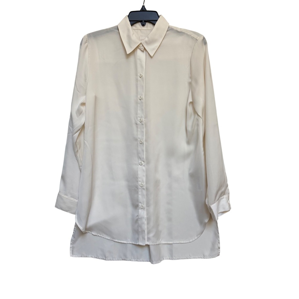 Chicos Cream Button Down Tunic Shirt Size 0 Small Long Sleeve High Low Hem Work